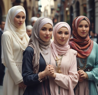 A stylish woman in a deep burgundy hijab and tailored blazer walking confidently through a bustling city street.