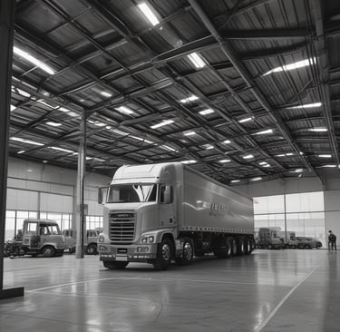 a semi truck parked inside a warehouse