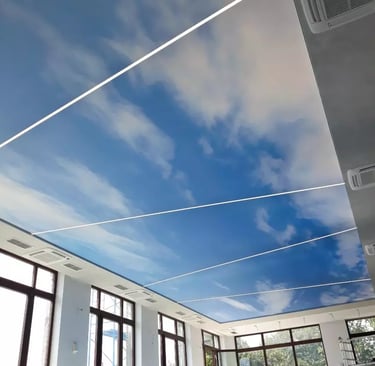 Backlit stretch ceiling with a blue sky and white cloud printed design and linear LED lighting.