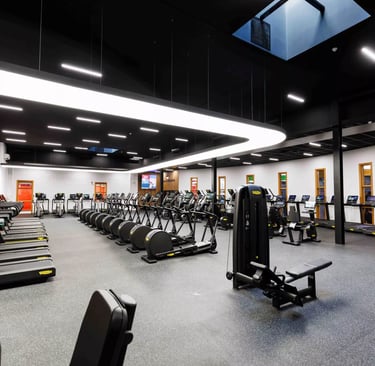 Modern commercial gym interior featuring rows of treadmills, elliptical machines, and strength training equipment.