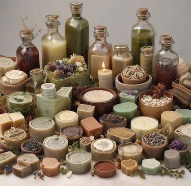 A cozy display of handmade soaps, candles, and natural herbs arranged on a rustic wooden table.