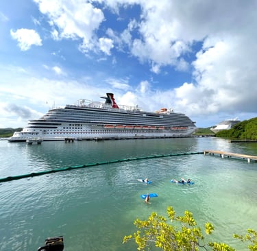 a cruise ship docked at a dock with people swimming in the water