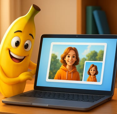 3D illustration of Google’s Nano Banana AI tool as a banana character with a laptop showing creative