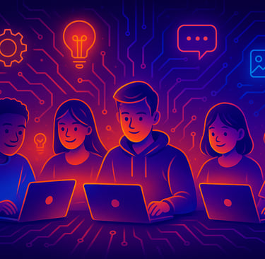 Futuristic glowing illustration of diverse students learning AI with laptops and glowing icons, conn