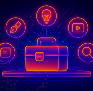 Futuristic glowing illustration of free AI tools represented by creative icons floating above a digi