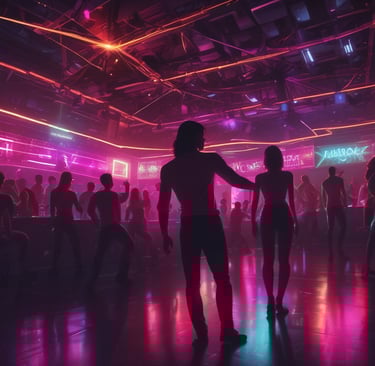 A vibrant nightlife scene with silhouettes of dancers under colorful lights.