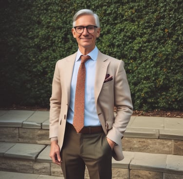 A model wearing elegant, high-end clothing in an upscale setting.