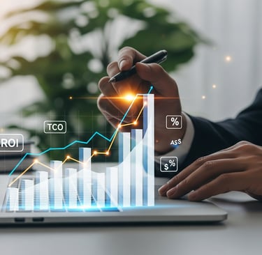 Business leader analyzing ROI and TCO, symbolizing ERP cost and return modeling on erp Projects