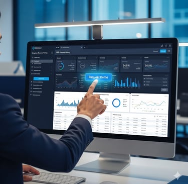 Professional pointing at ERP dashboard with charts & Request Demo button, symbolizing RFP evaluation