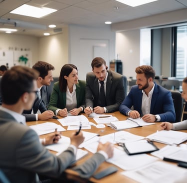 An elegant presentation setup featuring bold graphics and warm lighting.