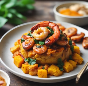 A vibrant plate of Puerto Rican and soul food fusion dish.