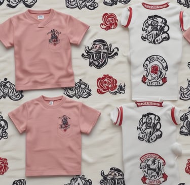 An assortment of embroidered work uniforms on a table.