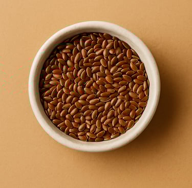 bowl of flax seeds on warm beige background, minimal natural skincare flat lay for diy flaxseed