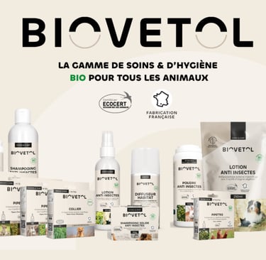 Produits Biovetol certifiés Ecocert, soins et hygiène bio pour animaux, fabrication française à base d’ingrédients d’origine 