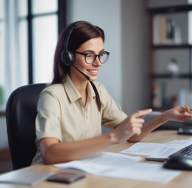 A friendly customer service representative sitting at a desk with a laptop and notepad.
