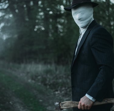 Faceless man holding an axe representing the Serial Killer Edition of Trivia from the Grave