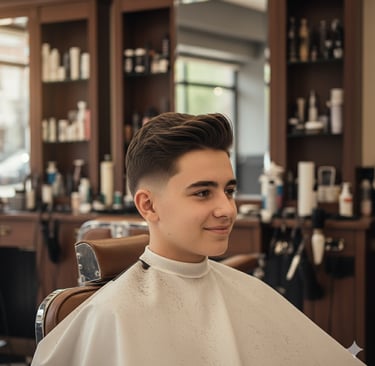 a man in a barbershop with a haircut