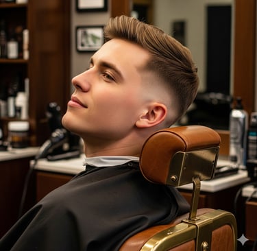a man in a barbershop with a haircut