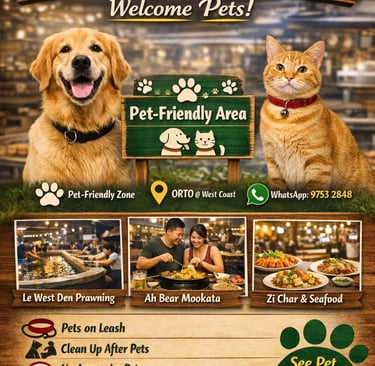 Pet-friendly dining flyer for Le West Den and Ah Bear Mookata at ORTO West Coast.