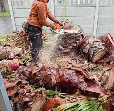 a man is cutting up a pile of wood