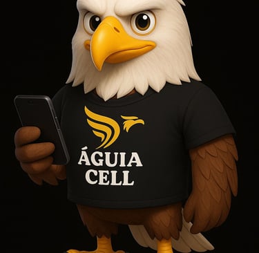 uma mascote águia americana segurando um telefone celular