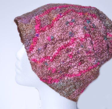 Handmade textured wool felt beanie hat in pink and brown with silk decor