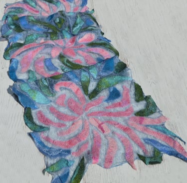Handmade nuno felted scarf featuring pink and blue floral patterns on a transparant silk 