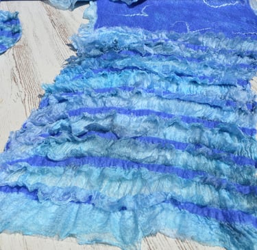 Handmade blue ruffled silk scarf with nuno felted wool texture 