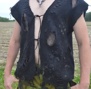handmade black  nuno felted wool vest with cut out decor