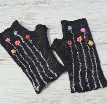 Handmade black fingerless gloves with colorful silk floral patterns 