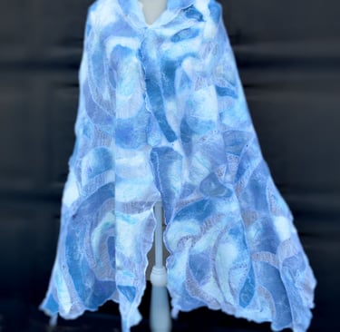 Handmade blue and white nuno felted wool scarf with a marble swirl pattern 