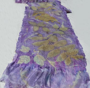 Hand-dyed purple botanical print silk scarf with  leaf patterns 