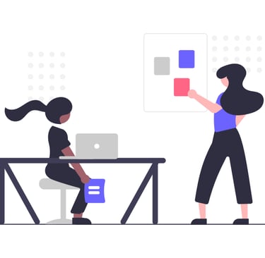 an ilustration of a women sitting on a desk with a laptop while other womam present CRM on a board