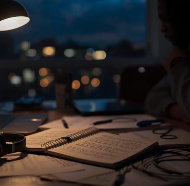 A  workspace at night — a creative desk with scattered music notes, sketchbooks.