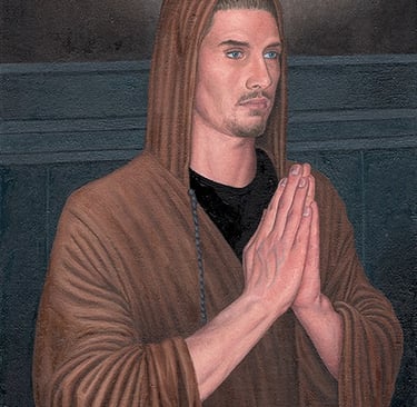 An oil painting of a man in a brown monk's robe in prayer