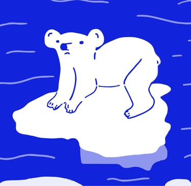 Ilustración de arte lineal azul y blanco de un oso polar parado sobre un témpano de hielo derretido 