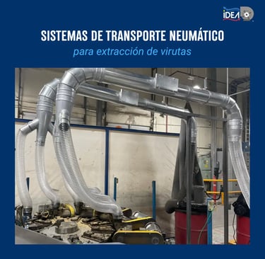 Sistemas de transporte neumático industrial con ductos de metal para extracción de virutas en fábrica.