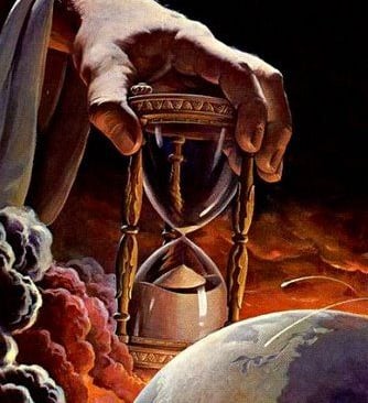 Jesus holding an hourglass in front of the Earth