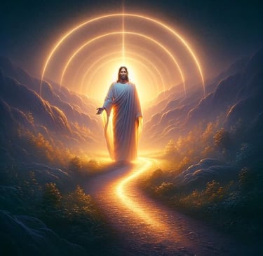 Jesus standing on a path, radiating a warm, illuminating light