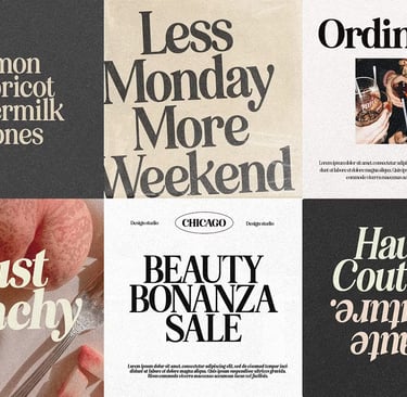 Collage of six stylish graphic panels with bold serif typography and lifestyle imagery.