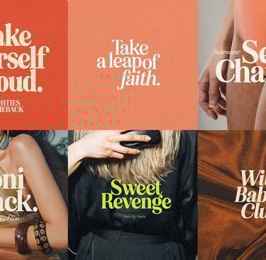 Collage of six bold, fashion‑themed designs with stylish typography and lifestyle imagery.