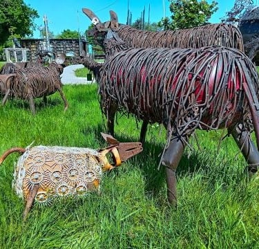 Handcrafted metal animal sculptures made from recycled scrap iron and wire displayed on a green lawn.