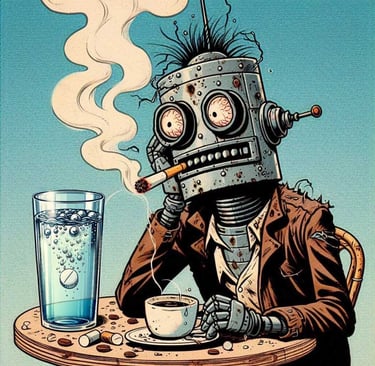 un robot mal réveillé avec une tasse de café et une aspirine