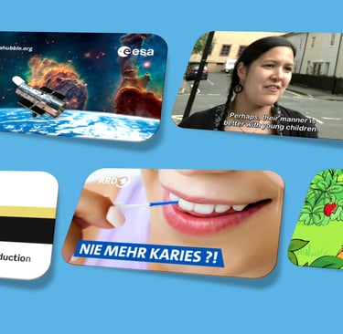 Thumbnails representing video screenshots from captioning and subtitling samples