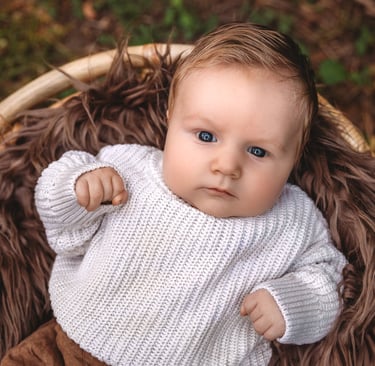 a baby in a basket with a white sweater