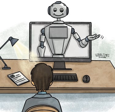 a person sitting at a desk with a robot