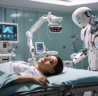 a woman in a hospital bed with a robot