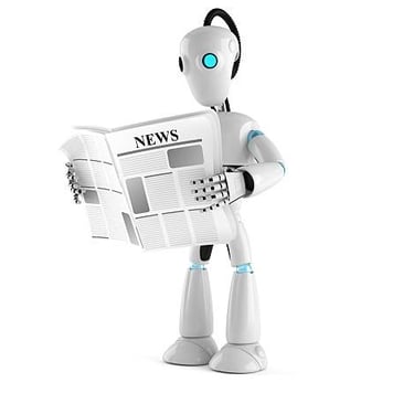 a robot with a newspaper article on the front of a newspaper