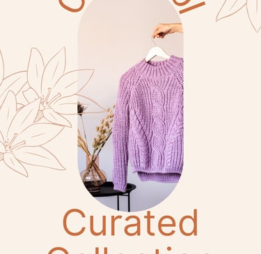 An image of a knitted jumper being held by a hand on a hanger. With the words Cool Wool Curated Coll
