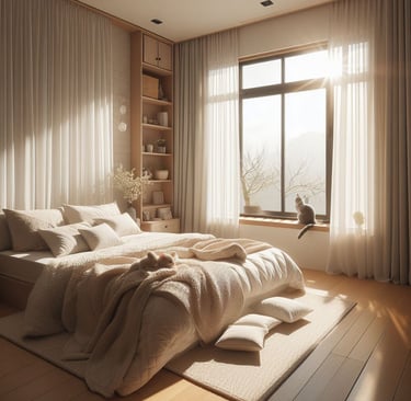 a cat sitting on a bed in a bedroom